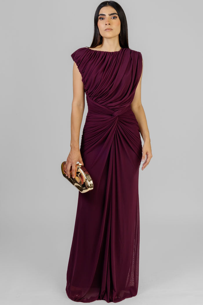 VESTIDO LARGO DRAPEADO VINO
