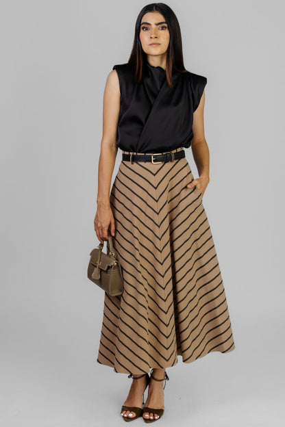 FALDA MIDI RAYADA CAFÉ