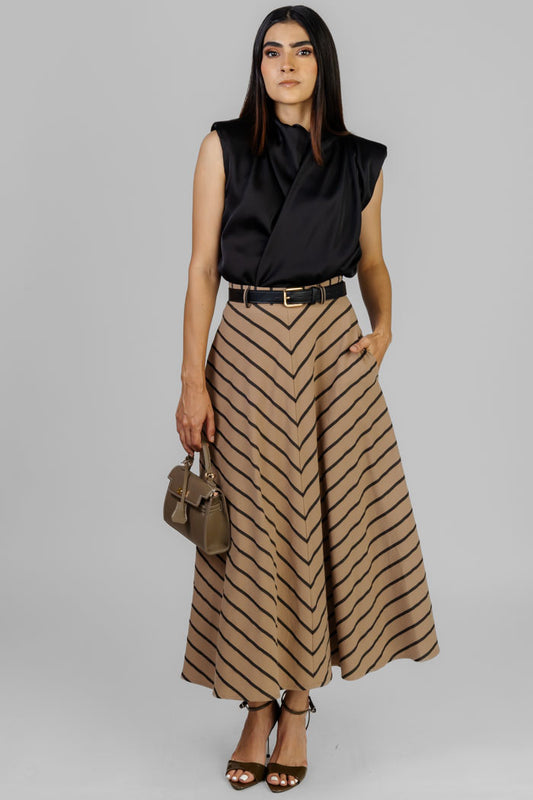 FALDA MIDI RAYADA CAFÉ