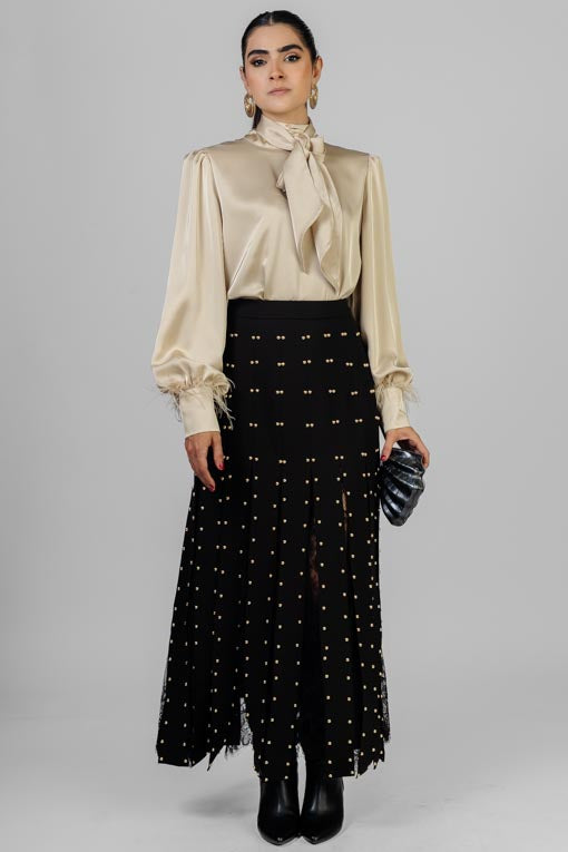 BLUSA SATINADA PLUMAS EN PUÑO