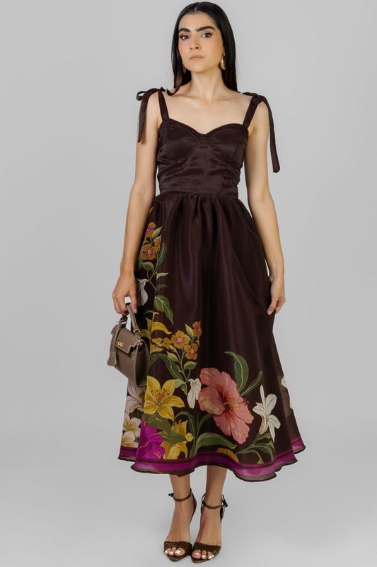 VESTIDO MIDI FLORAL CAFÉ