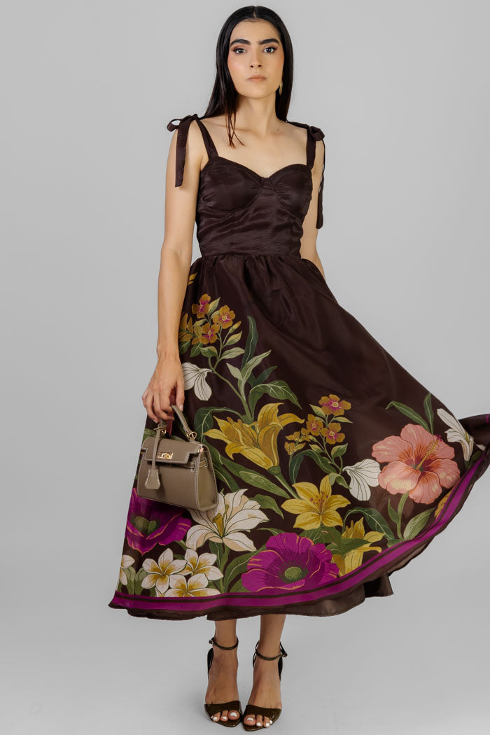 VESTIDO MIDI FLORAL CAFÉ