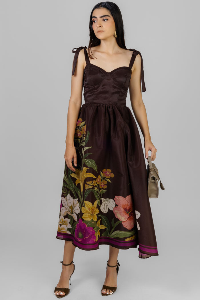 VESTIDO MIDI FLORAL CAFÉ