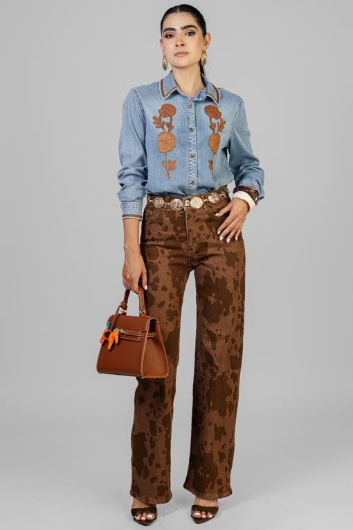 CAMISA DENIM FLORES MOKA