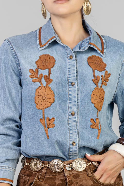 CAMISA DENIM FLORES MOKA