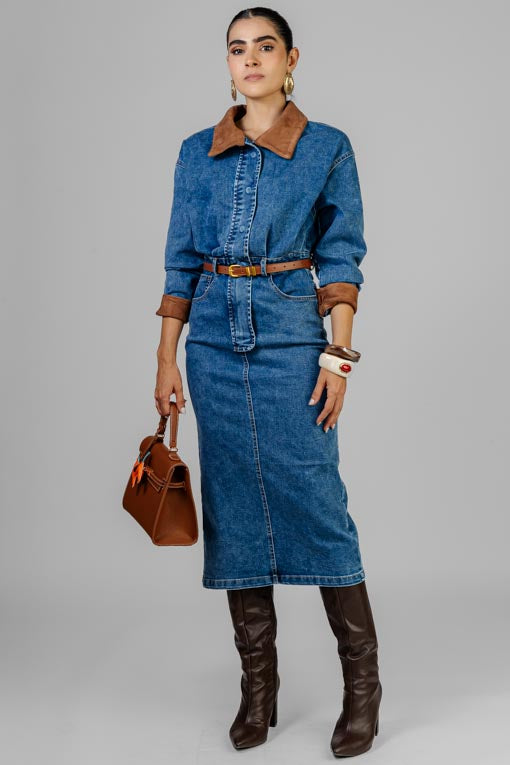 VESTIDO MEZCLILLA CUELLO SUEDE