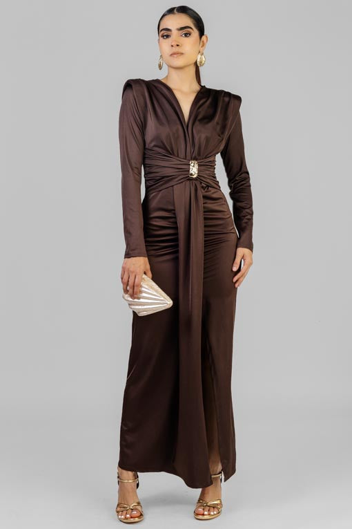 VESTIDO FRUNCES BROCHE DORADO