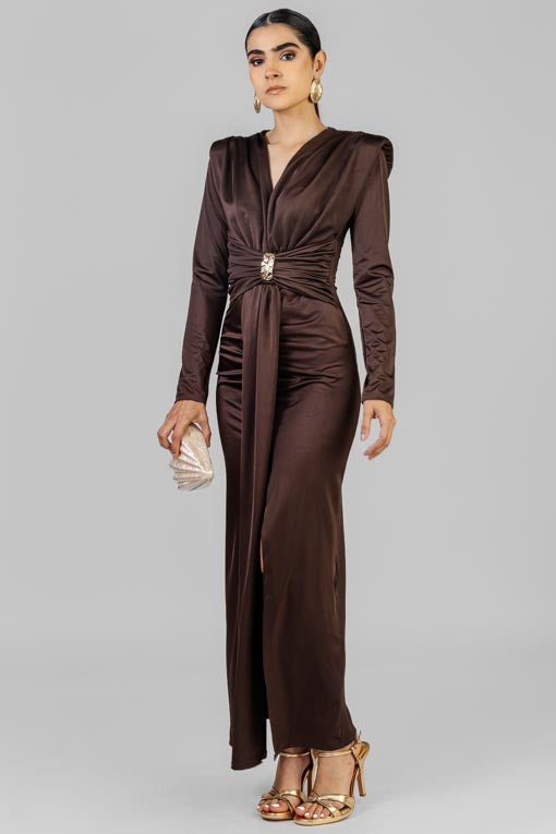 VESTIDO FRUNCES BROCHE DORADO